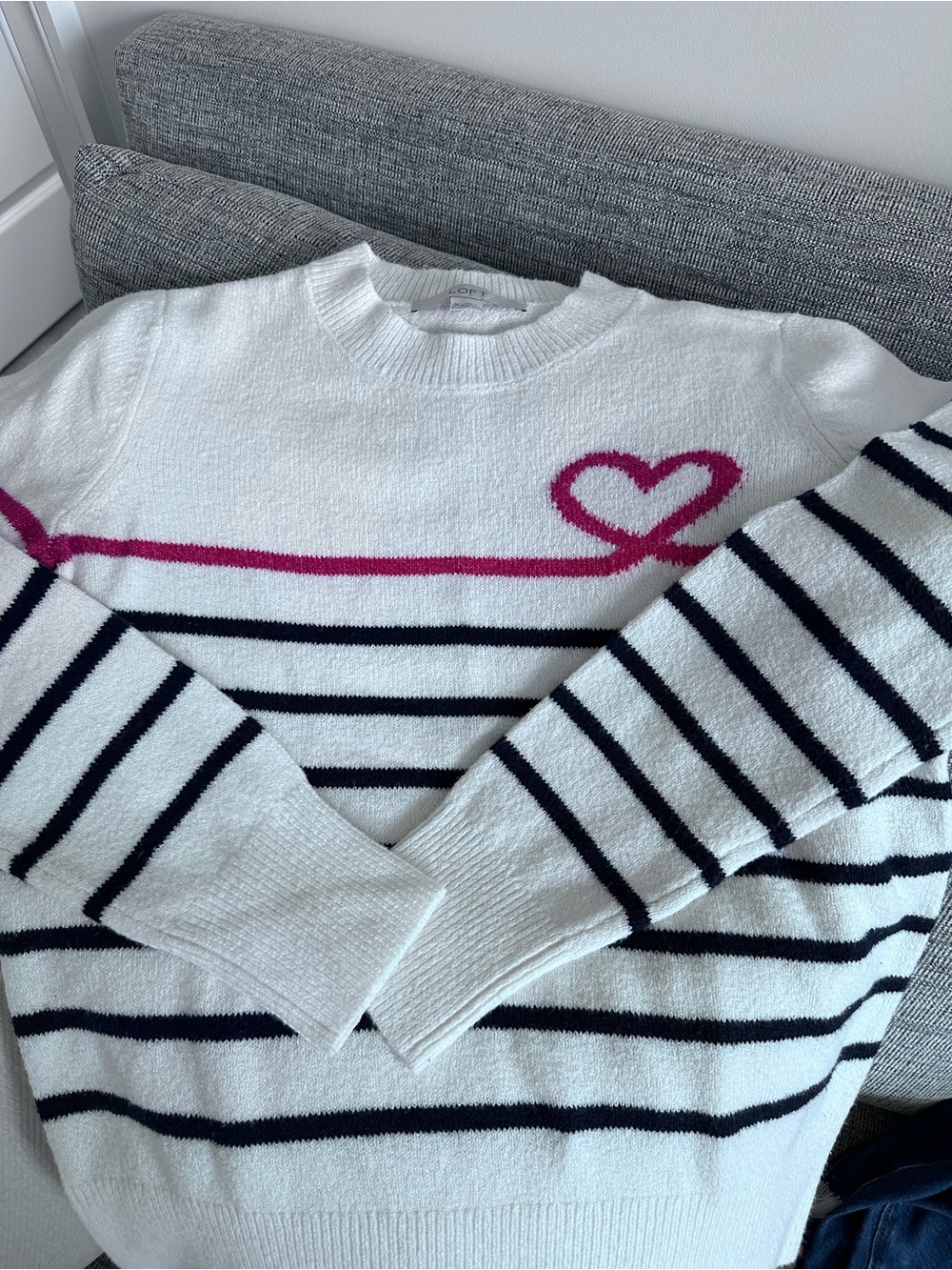 LOFT White Crewneck Sweater with Navy Stripes and Pink Heart Accent